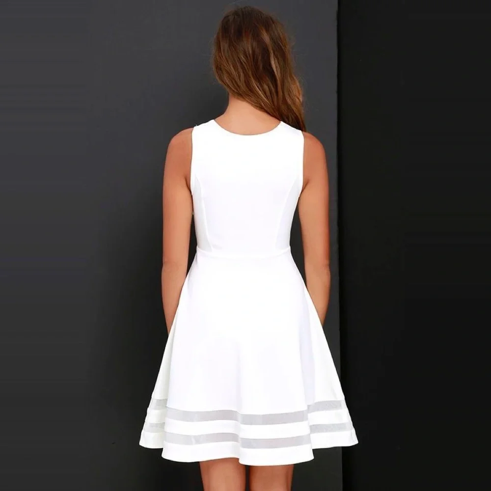 Sheer Mesh Stripes Fit and Flare Skater Dress White - Picture 2 of 11